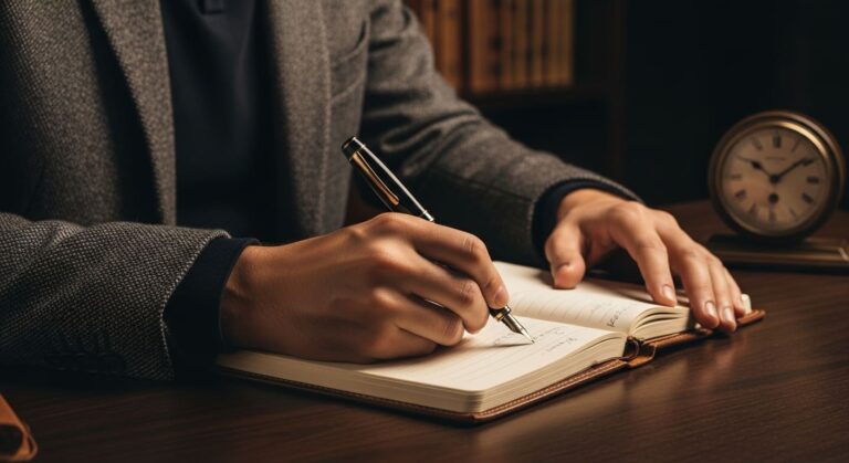 Mãos escrevendo em um caderno, representando o exercício de reestruturação cognitiva e mapeamento de pensamentos.