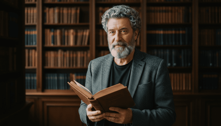 O psicólogo Marco Aurélio em uma biblioteca, segurando um livro, simbolizando a união entre ciência e filosofia clássica.